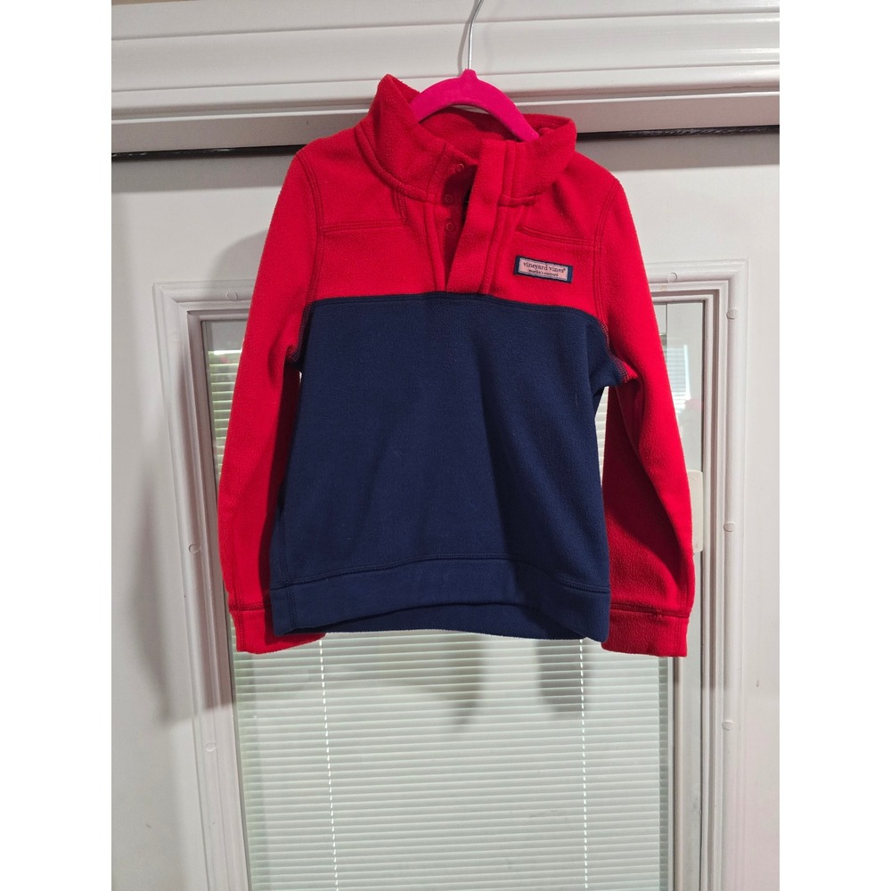 Vineyard Vines Boys Red Navy Blue Colorblock Fleece Snap Pullover Size 5